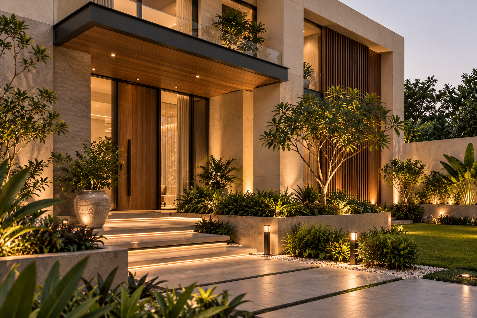 Golden-Hour Modern Luxury Home Entrance